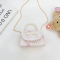 Sac bandoulière rose fleuri pour fille avec anse en perles et nœud en dentelle - Blanc