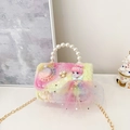 Rainbow plush kids handbag with pearl handle and cartoon doll detail in pastel colors - Yellow