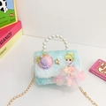 Light blue faux fur girls handbag with pearl handle and cartoon princess design - Light Blue (Yellow Hair)