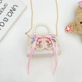 Sac bandoulière en satin rose pour filles avec broderie florale et anse en perles - Fleur Blanche