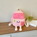 Pink cartoon house backpack for kids with 3D legs and roof design on a wooden table - Small / Pink
