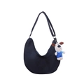 Minimalist black crescent nylon shoulder bag with a cute cartoon puppy plush pendant - Large / With Pendant / Black
