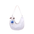 White hobo shoulder bag in nylon featuring a cute plush dog pendant charm - Large / With Pendant / White