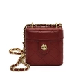 Deep red quilted mini box crossbody bag for kids with golden camellia clasp and chain - Burgundy