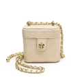 Beige quilted leather mini box bag for kids with gold camellia clasp and chain strap - White