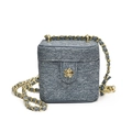 Kids quilted denim mini box bag in blue with golden camellia flower clasp and chain - Denim Blue