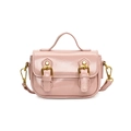 Pink glossy faux leather vintage crossbody bag for girls with gold hardware and top handle - Pink