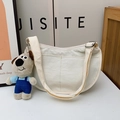 White nylon crescent shoulder bag for kids with cute puppy plush charm and wide strap - Small / With Pendant / White
