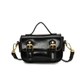 Retro black patent leather crossbody bag with gold buckles and detachable shoulder strap - Black