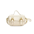 Retro cream white oil-wax leather mini handbag for girls with gold buckle and strap - White
