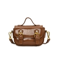 Mini retro oil wax leather crossbody bag for girls in dark brown with gold buckles - Brown