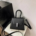 Minimalist black leather mini crossbody bag with silver hardware on a book - Black