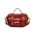 Mini red oil wax leather satchel for girls with vintage double buckle design and top handle - Red