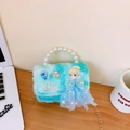 Light blue plush princess crossbody bag with pearl handle and metal chain for girls - Green