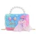 Plüsch-Kindertasche mit blau-rosa Farbverlauf, Perlengriff und großer Mesh-Schleife - Rosa Blau Patchwork Kariert