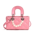 Bolso bandolera acolchado rosa para niños con cadena de perlas y asa superior - Rosa Rojo