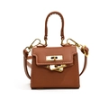 Mini sac à main en cuir marron pour enfants avec fermoir doré et surpiqûres blanches - Petit / Marron
