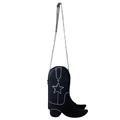 Black cowboy boot shaped crossbody bag with star patterns and silver chain strap - Black
