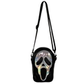 Black leather crossbody bag with iridescent Scream mask and adjustable strap - Silver