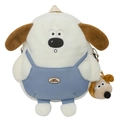 Sac à dos mignon en peluche chien blanc et marron avec salopette bleue et breloque assortie - Avec Pendentif / Blanc