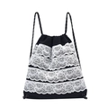 Mochila infantil negra con cordón y elegantes bordes de encaje floral blanco suave - Negro