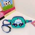 Green cartoon police car chest bag for children with adjustable blue strap and brave print - Green