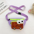 Kids purple canvas waist bag with cute cartoon car eyes and green zipper detail - Purple