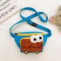Blue canvas kids waist bag with brown cartoon bus design and large eyes variant - Blue