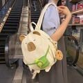 Cream-white cartoon capybara backpack with 3D ears and cute green turtle plush pendant - White Without Charm