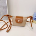 Mini Korean style crossbody bag for kids featuring beige and brown color-blocking textures - Khaki