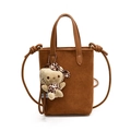 Brown faux suede crossbody bag with leather handles and cute leopard kitty plush charm - Brown with Pendant