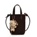 Dark brown suede tote bag with leather handles and a leopard print kitty plush pendant - Coffee With Charms