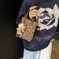 Women's leopard print crossbody bag with plush charm and dark brown leather straps - Leopard Print without Pendant
