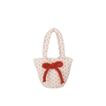 Elegante borsa in cotone trapuntato beige a pois marroni con fiocco rosso in maglia - Pois Crema