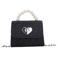 Bolso bandolera de lentejuelas negras para niña con asa de perlas y cierre de corazón - Negro