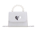 Bolso infantil plateado brillante con cierre de corazón y asa de perlas grandes - Plateado
