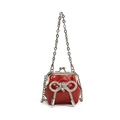 Rode gewatteerde mini-crossbodytas voor meisjes met grote strass-strik en een kettingriem - Rood