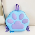 Close-up of cute light blue kids backpack with purple 3D cat paw embossed design - Blue