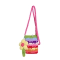 Rainbow striped crochet shoulder bag with floral pendant and pearl button closure - Colorful
