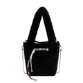 Elegante borsa a secchiello in peluche nera con tracolla a catena e nastro di perle - Nero