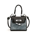Mini Kelly style child handbag featuring black leather trim and blue denim patchwork - Black & Denim