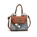 Mini color-block child handbag in brown leather and blue denim with silver turn-lock - Brown & Denim