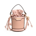 Pink bucket drawstring crossbody bag for kids with gold logo and adjustable strap - Pink
