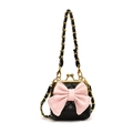 Schwarze gesteppte Umhängetasche für Mädchen mit rosa Schleife und Goldkette - Schwarz & Rosa
