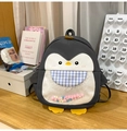 Detail of cute penguin backpack featuring a transparent pocket filled with colorful pom-poms - Dark Grey Medium Without Pendant