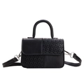 Mini black crossbody bag with diagonal woven texture and silver hardware details - Black