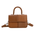 Mini brown leather crossbody bag featuring mixed smooth and woven textures and silver hardware - Brown