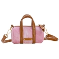 Cute pink denim mini barrel handbag for girls with brown leather straps and gold hardware - Pink