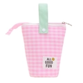 Astuccio in tela a scacchi rosa con manico verde e toppa All Good Fun con sorriso - Rosa