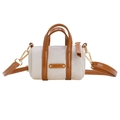 Chic mini cylindrical crossbody handbag for girls in cream canvas with tan trim - White